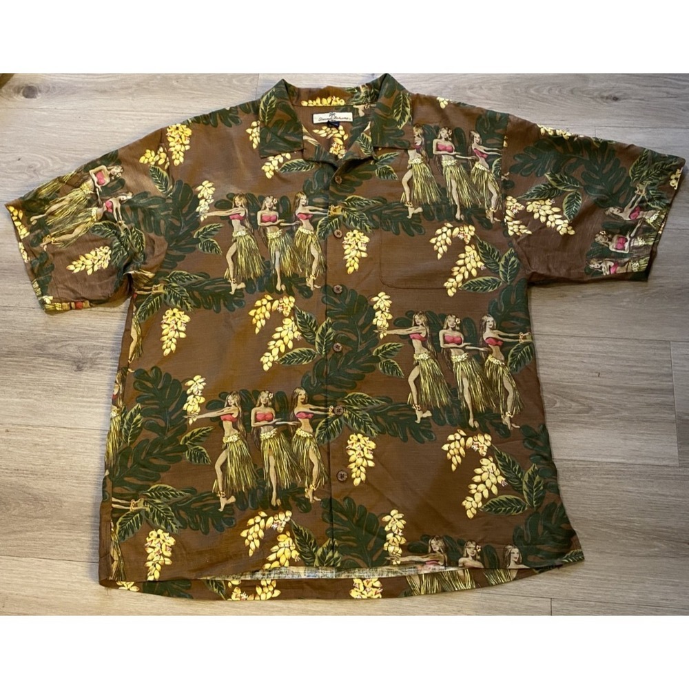 Tommy Bahama Mens L 100% Silk Hawaiian Shirt Brown Hula Tropical Floral